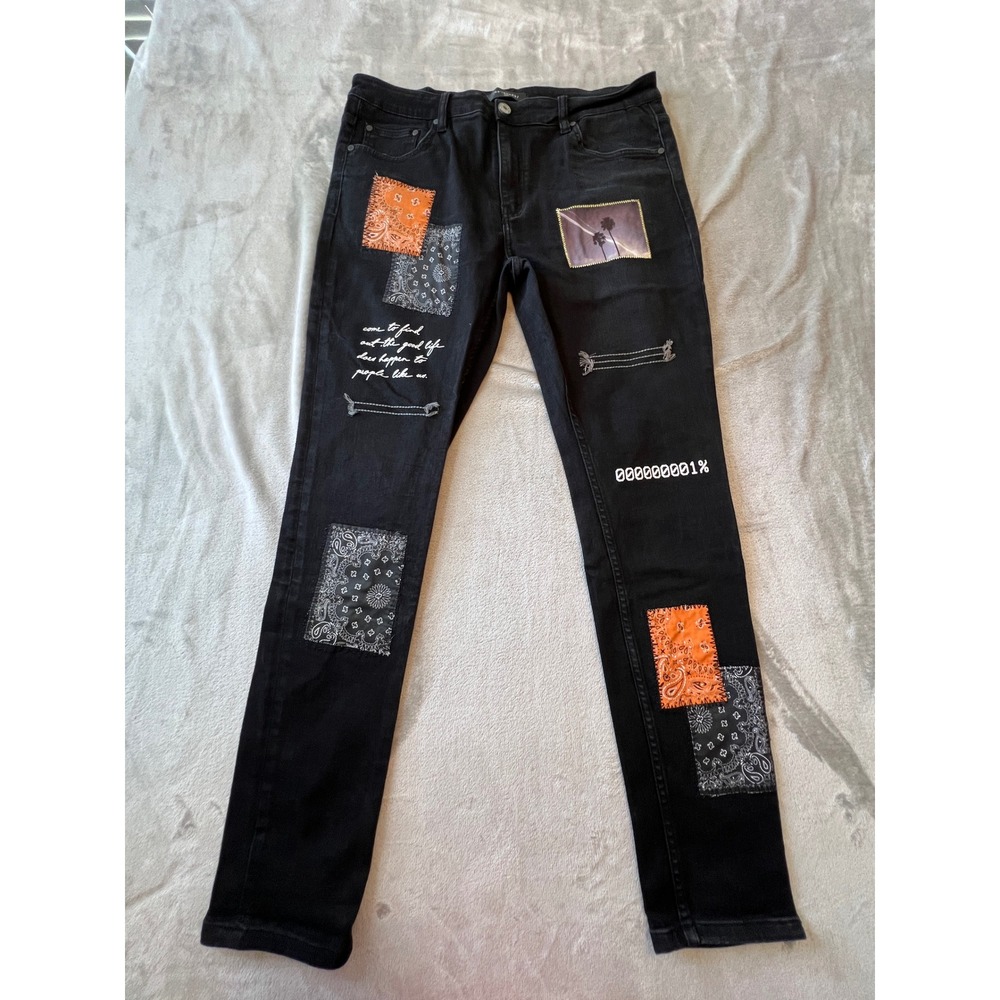 Serenade Patchwork Jeans Mens 38 Black Bandana Graphic Distressed Denim